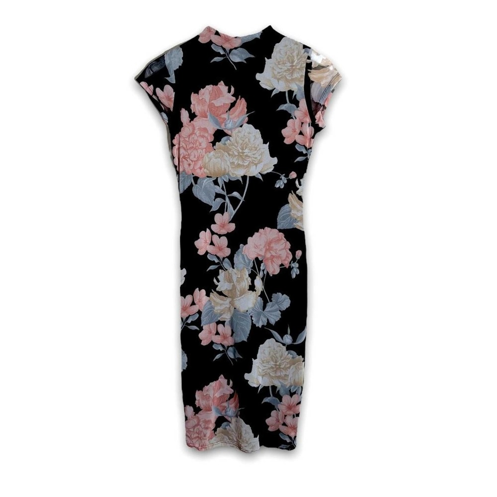 A3 Design Mock Neck Short Sleeve Mesh Black Floral Body Con Midi Dress